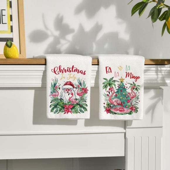 Christmas In July Santa Flamingo Tropical Dish Towel Set - Picture 3 of 5